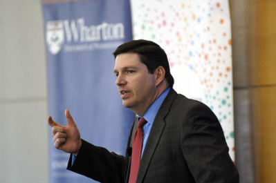 Roger Crandall (WG'02), Chairman, President, and CEO, Massachusetts Mutual Life Insurance Co., delivering a Leadership Lecture at Wharton