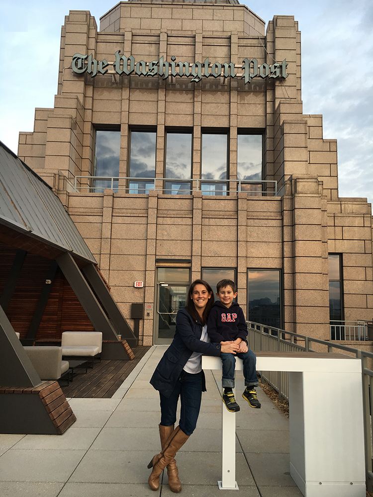 Sarah Feinberg and her son at the Washington Post building