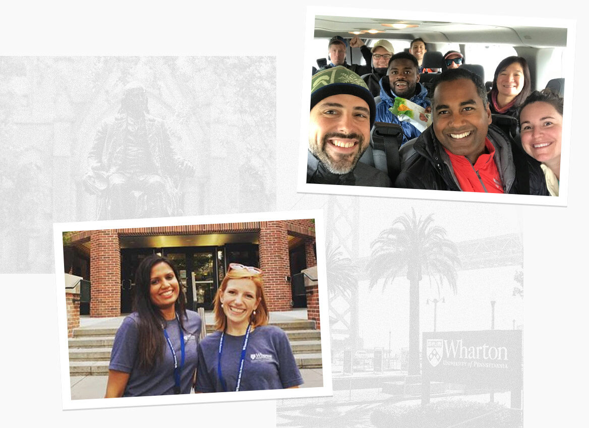 The image shows two photos. One is inside a vehicle with a group of smiling individuals, and the other is of two people wearing "Wharton" shirts, standing in front of a building. In the background, there is a faint image of the