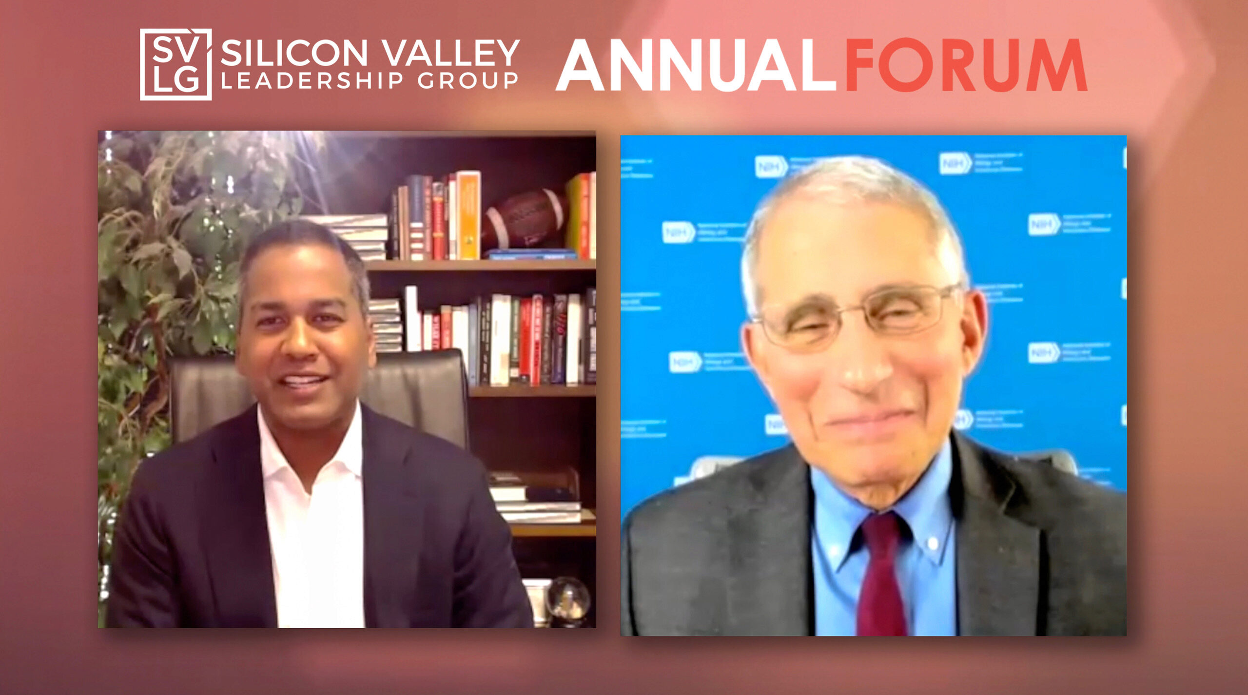 Two people are shown in a virtual meeting for the Silicon Valley Leadership Group Annual Forum. One is in an office setting with bookshelves, and the other has a blue background with logos.