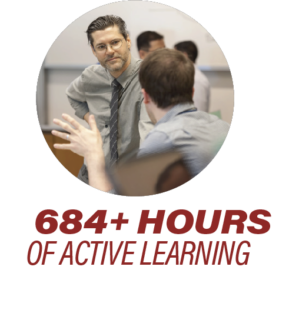 A person attentively listening to a colleague in a professional setting, with the text "684+ hours of active learning" below.